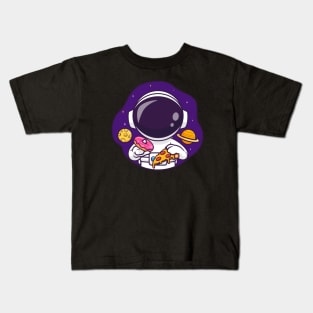 Cute Astronaut Eating Donut And Pizza In Space Cartoon Kids T-Shirt